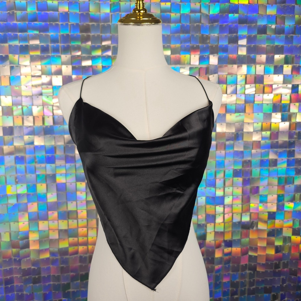 Handkerchief Y2K Cowl Neck Top Women OS Black Satin Tie Back Jersey Shore Summah - Picture 10 of 10
